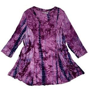 Avenue Tie Dye Swing Panel Dress Tunic Top Stretchy Pink Blue V-Neck Size 20
